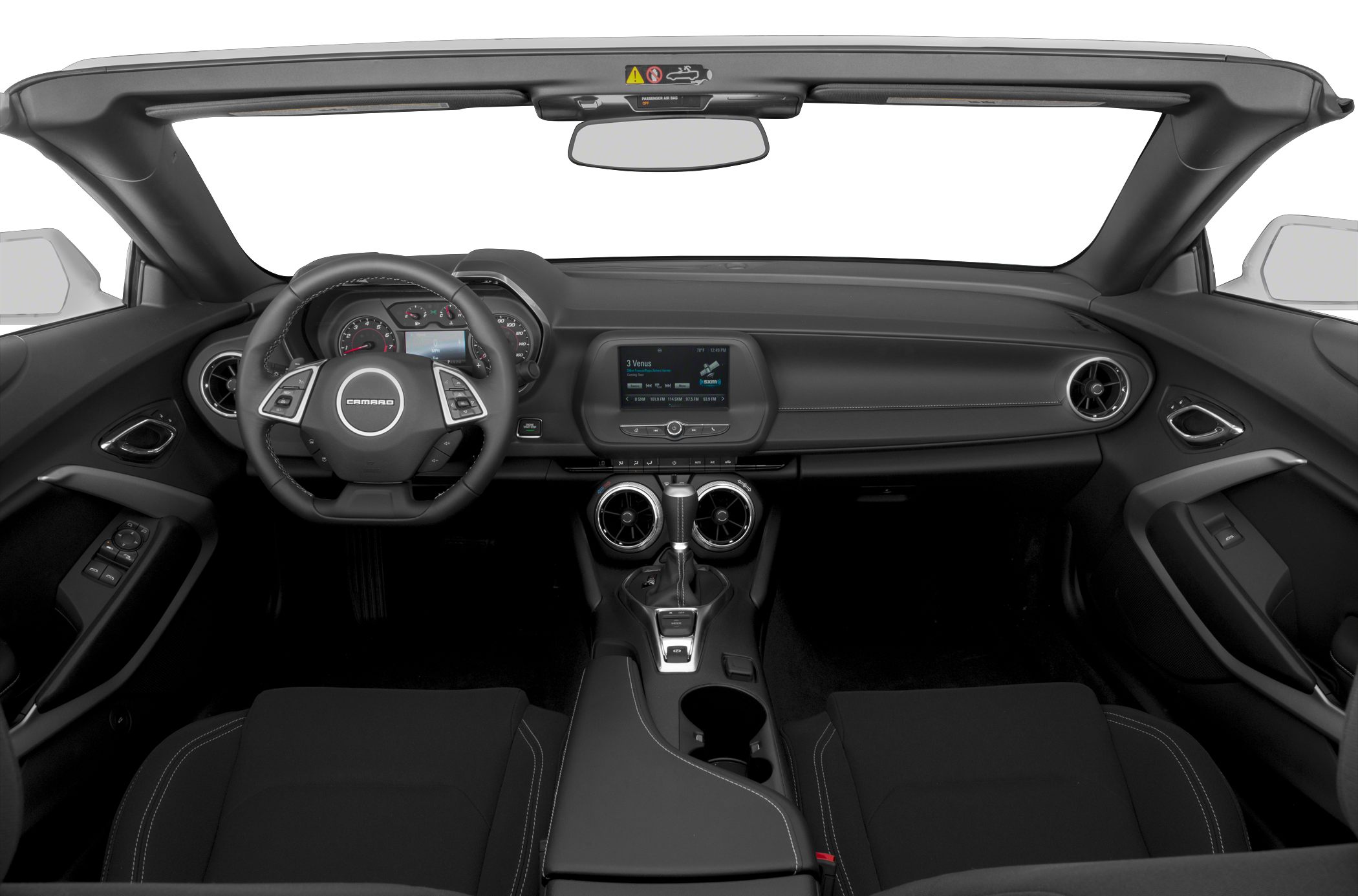 Convertible car interior dashboard with steering wheel and center console