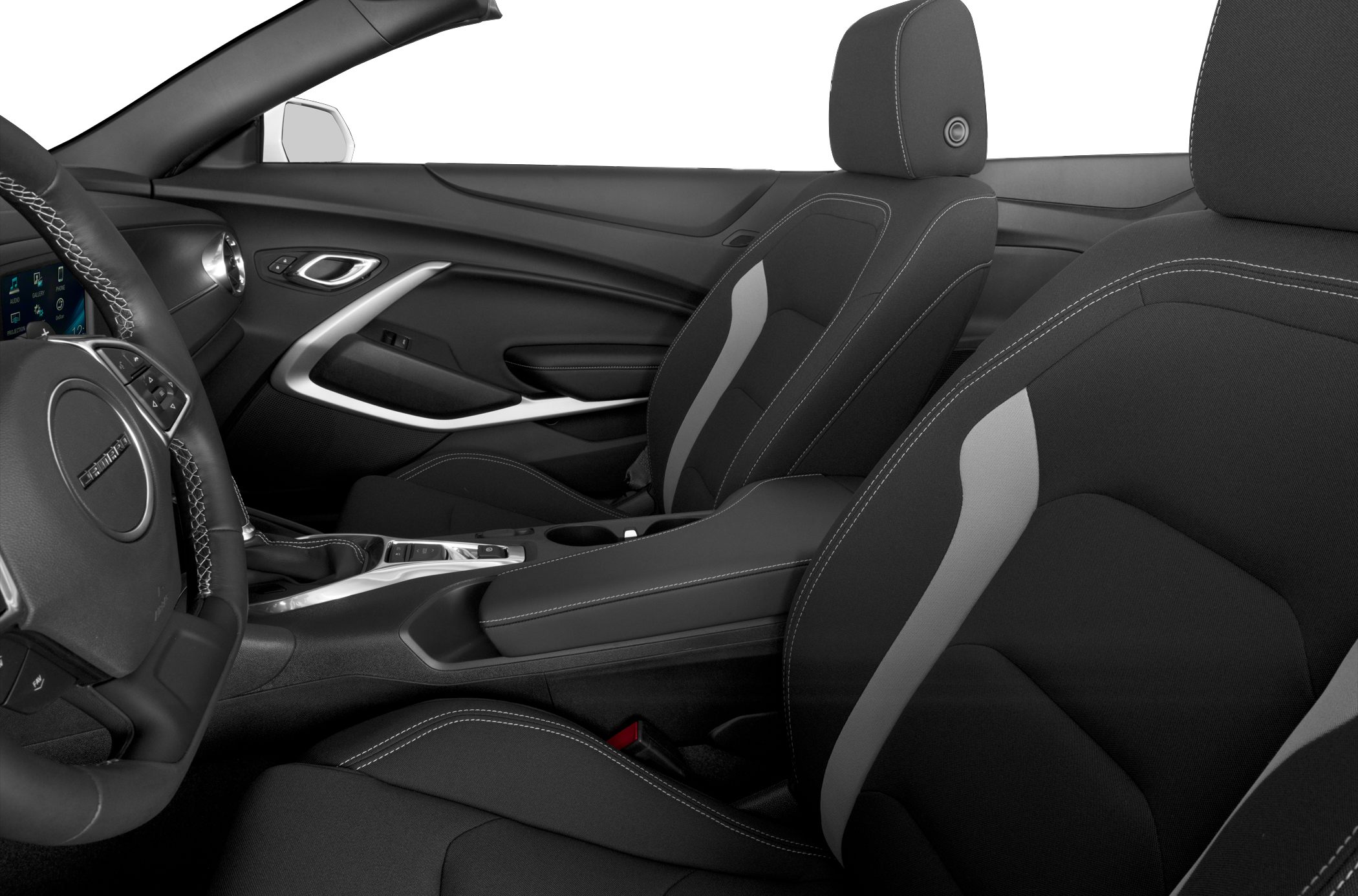 Sporty front seats and modern interior layout with stitched details