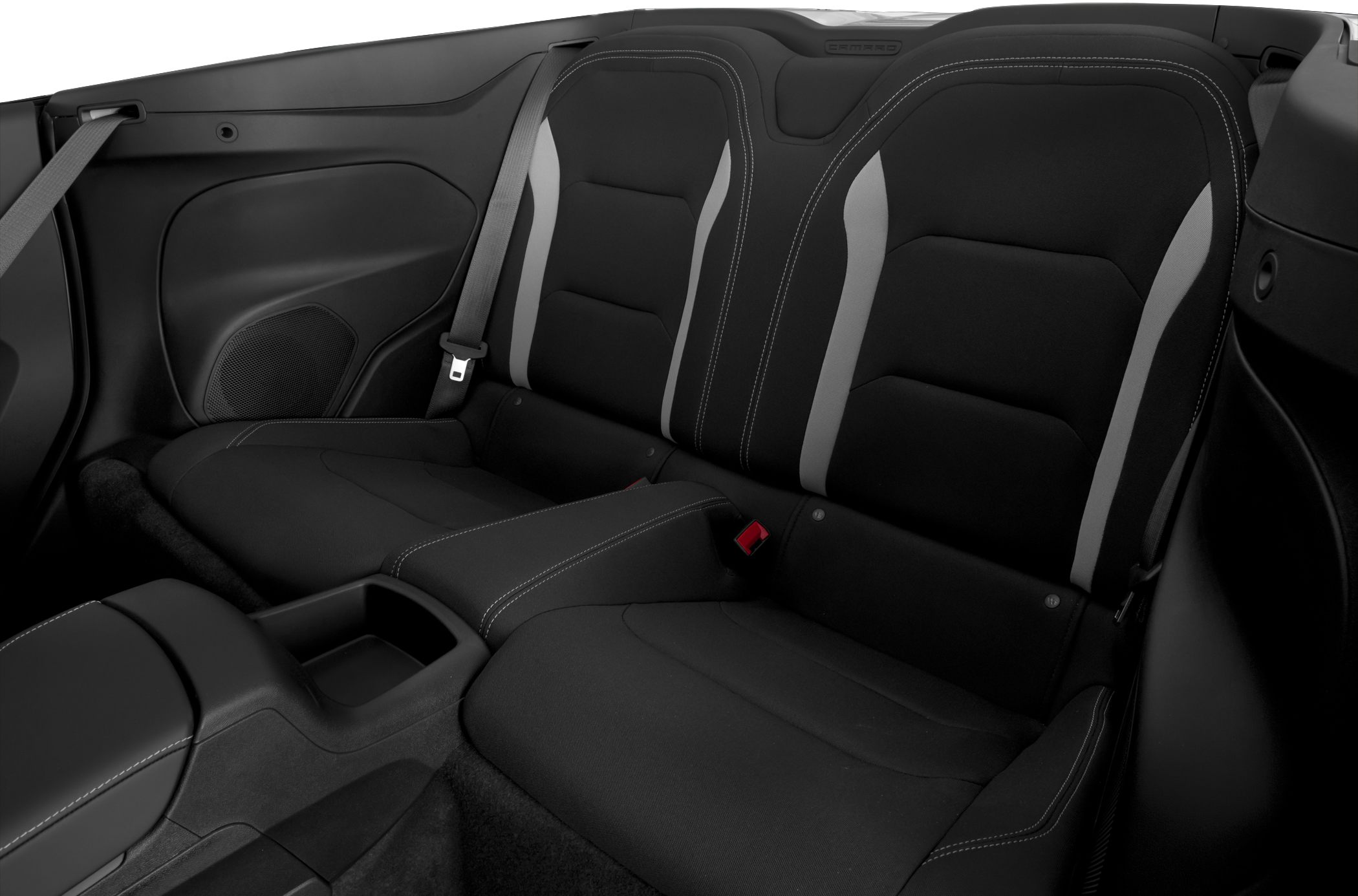 Rear seat interior and upholstery with seat belts
