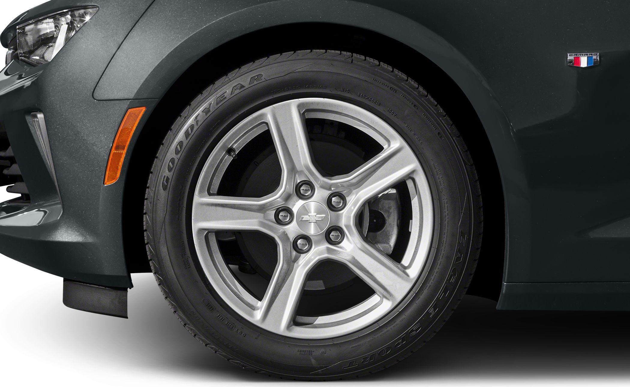 Close-up of front wheel with alloy rim and fender emblem