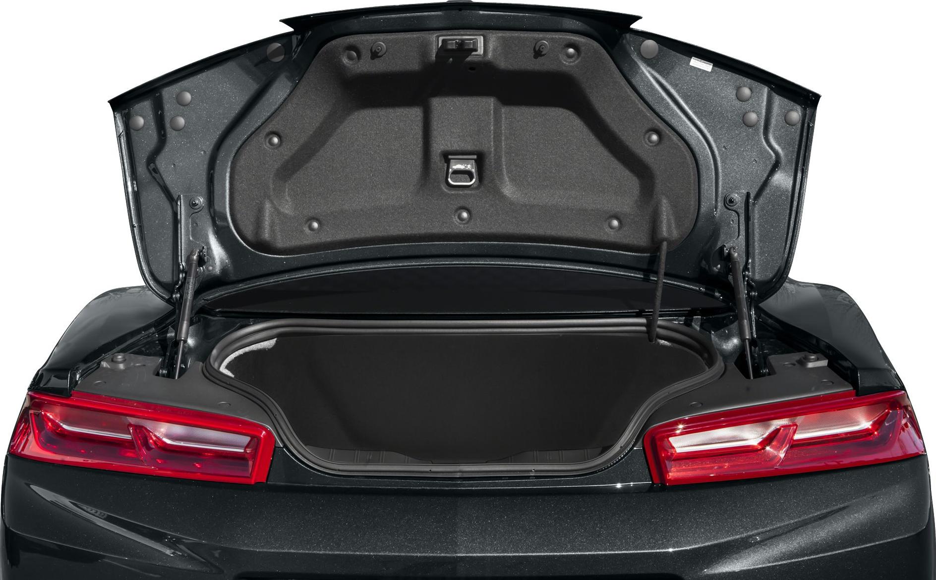 Open rear trunk with distinctive taillights of a sports coupe