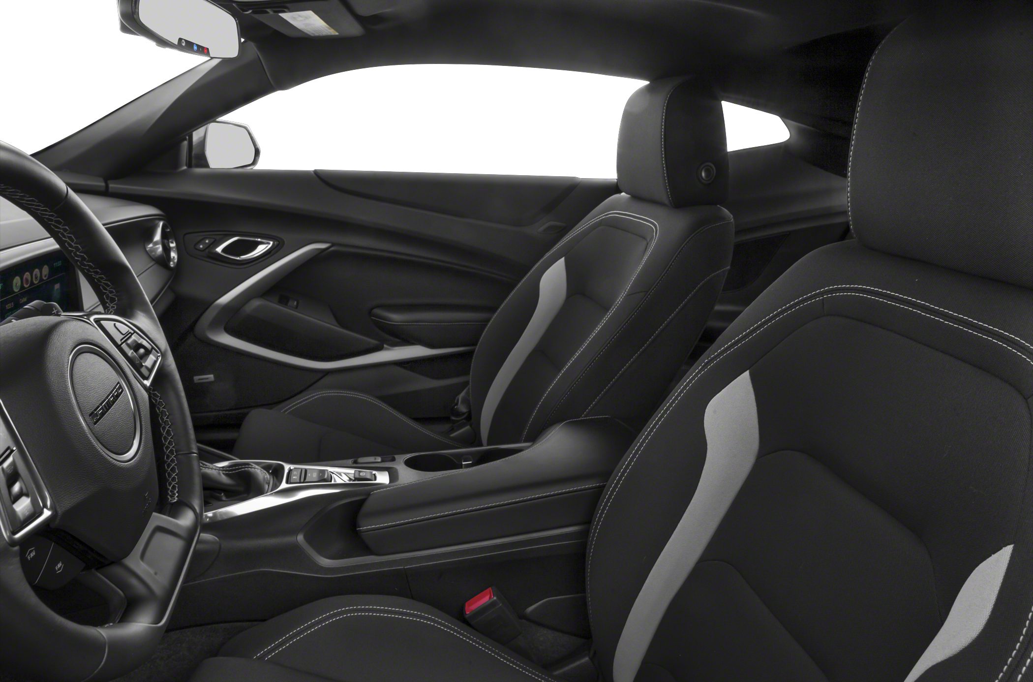 Modern black sport seats with white stitching and sleek cockpit interior