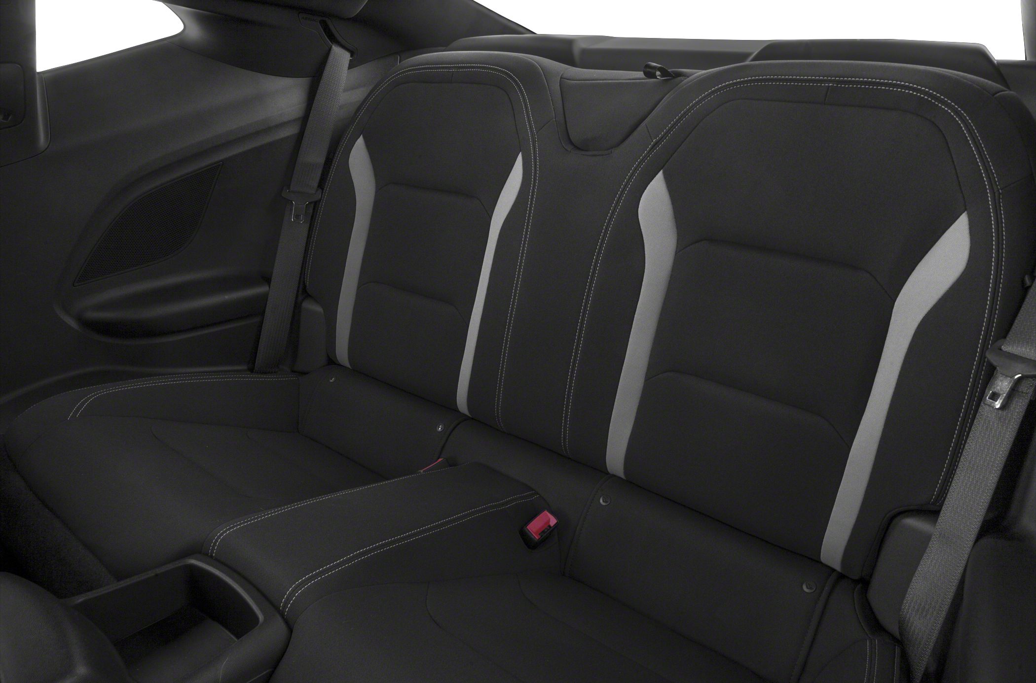 Black rear seat upholstery with white stitching and integrated seatbelts