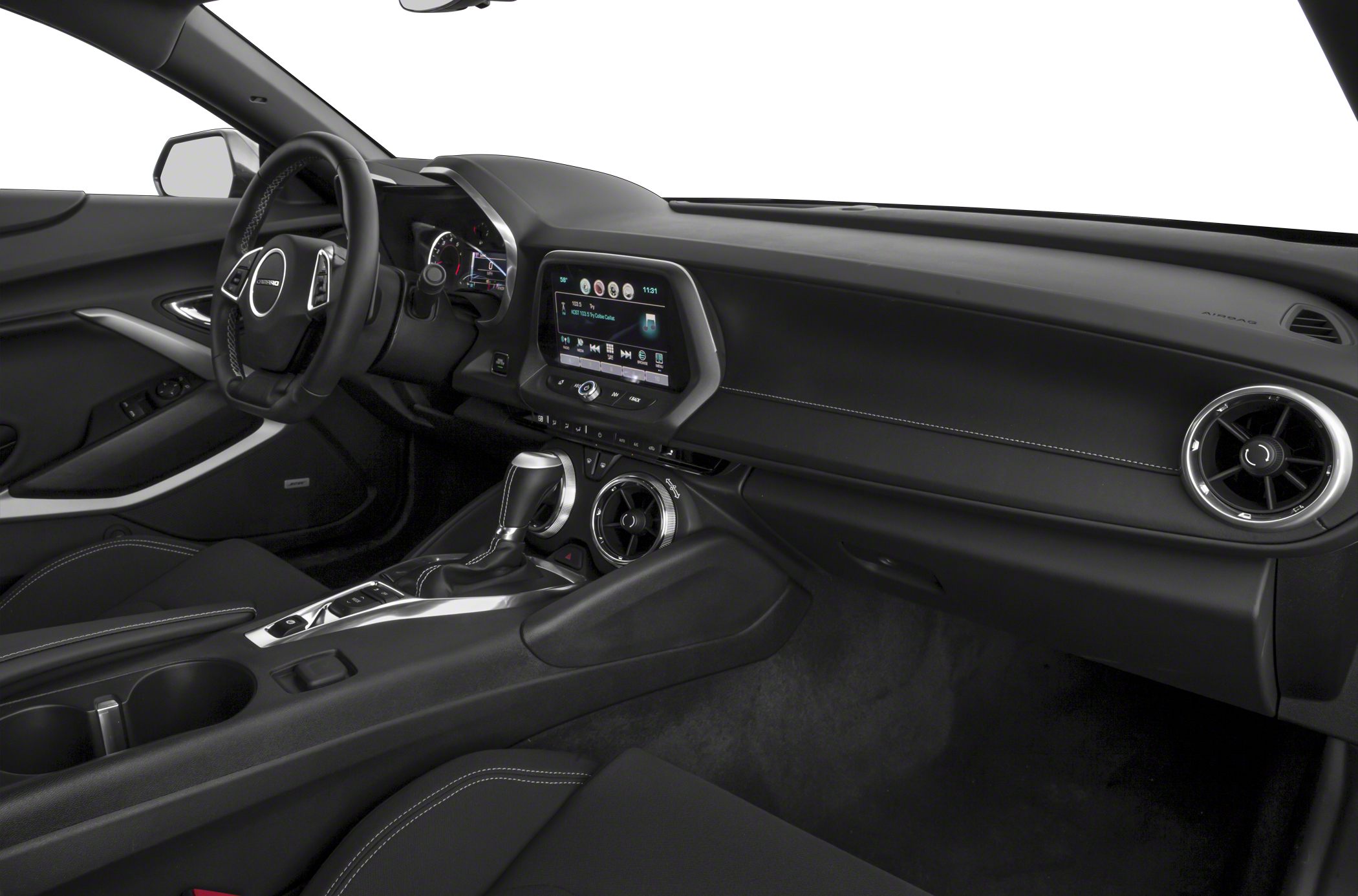 Modern car interior with dashboard, touchscreen, and center console