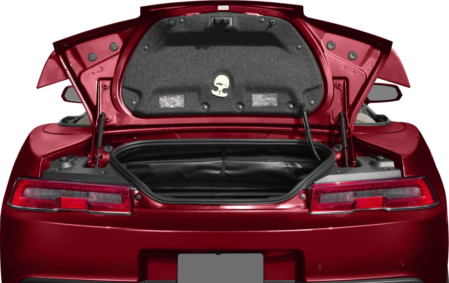 Open rear trunk space and taillights of a red convertible