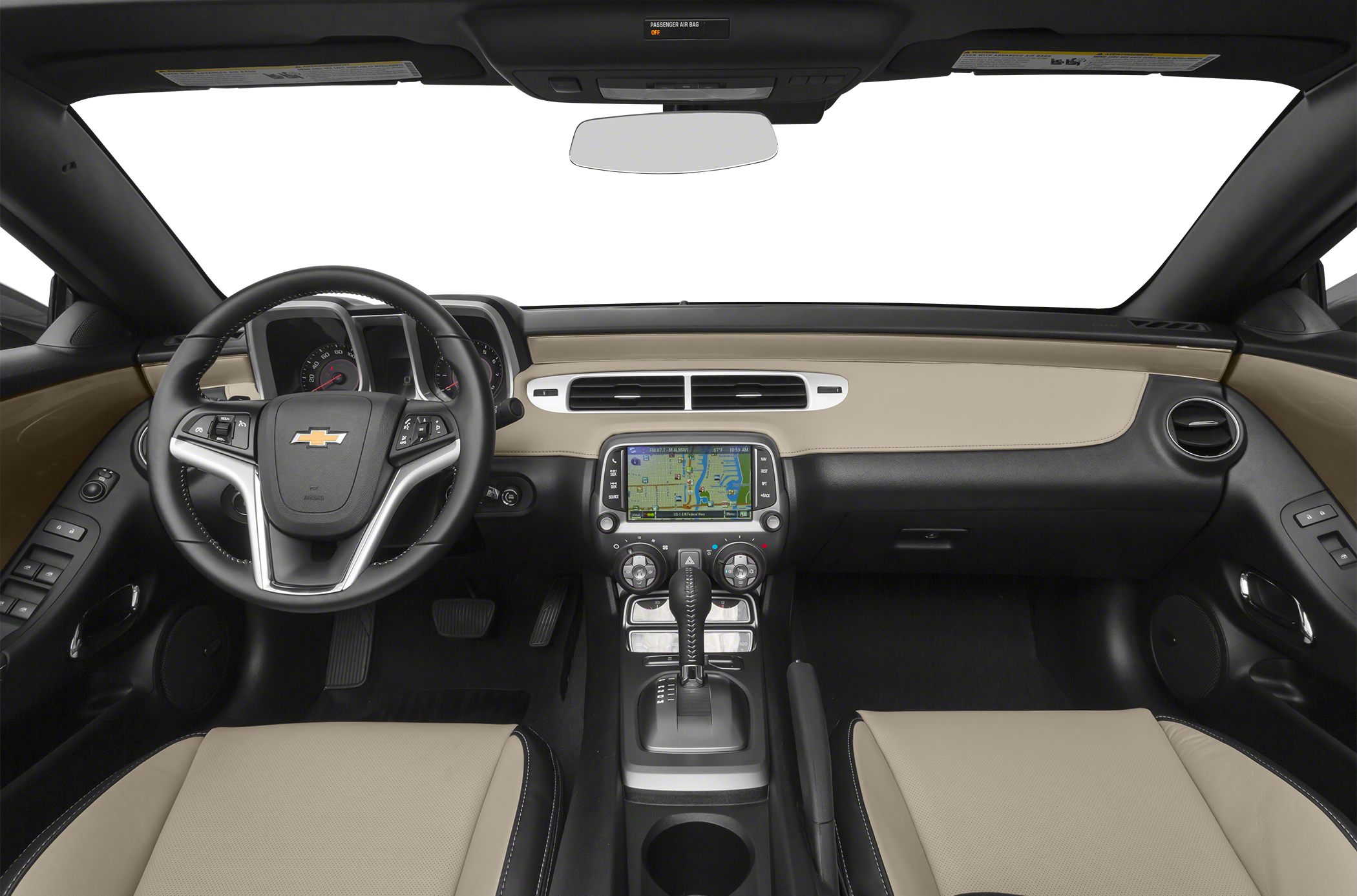 Steering wheel, infotainment navigation, beige-black interior seats