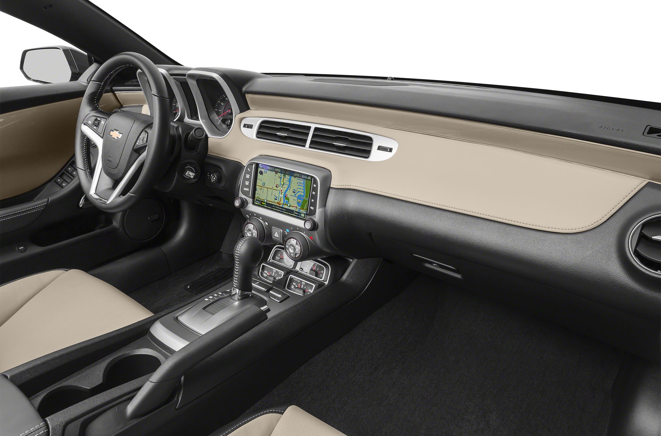 Modern dashboard and infotainment system with steering wheel and gear shift