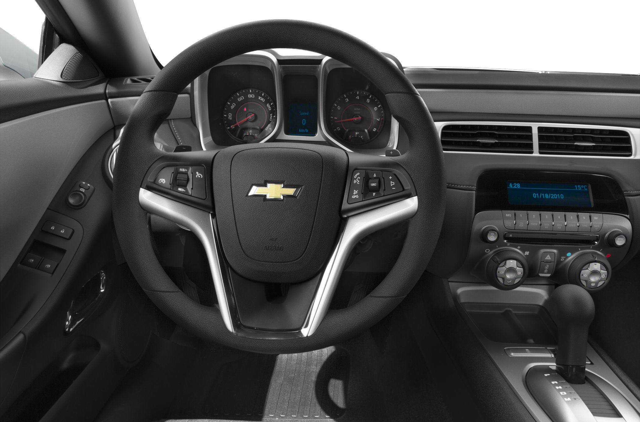 Dashboard and steering wheel with instrument cluster and center console controls