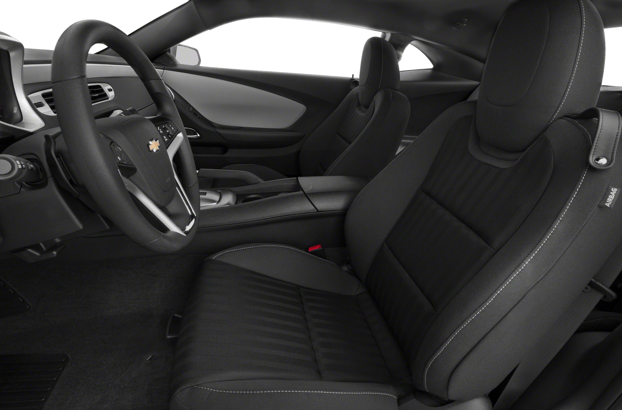 Steering wheel and front seats with upholstery stitching