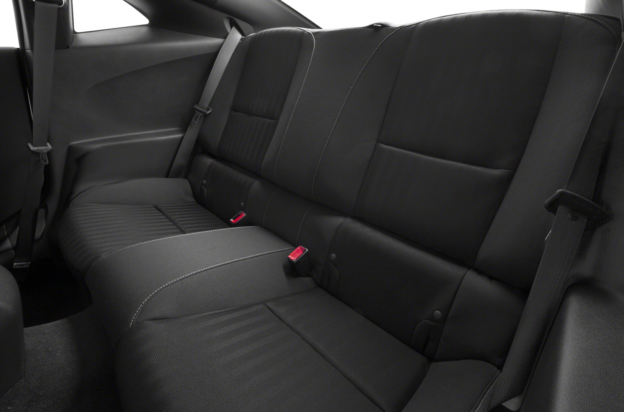 Black rear seat upholstery with seatbelts and stitching details