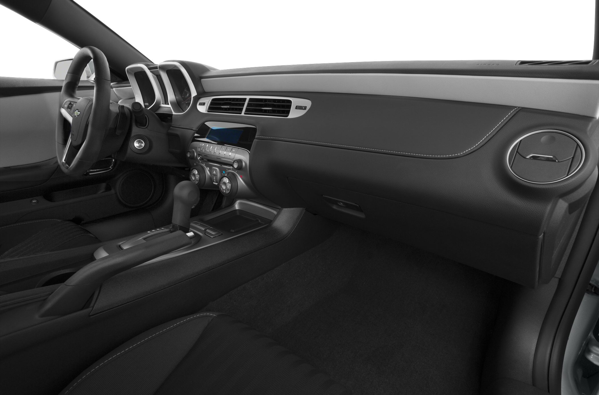 Modern car interior with dashboard, steering wheel, and center console
