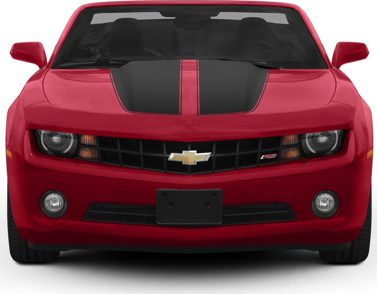 Front view of a muscle car with black hood stripe and RS badge