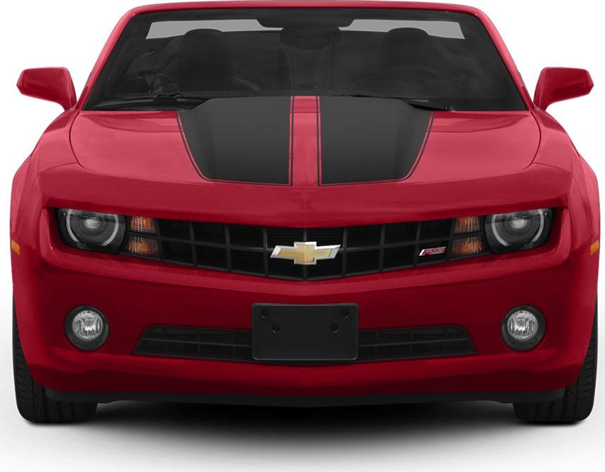 Front view with black racing stripes and Chevrolet grille