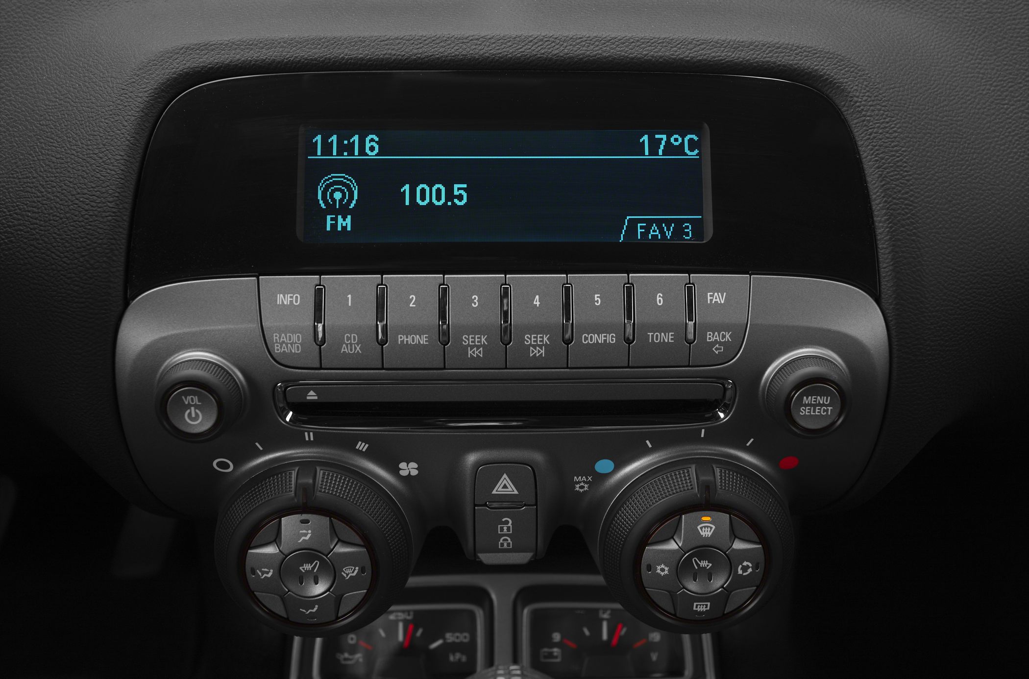 Radio and climate control panel with knobs and digital display