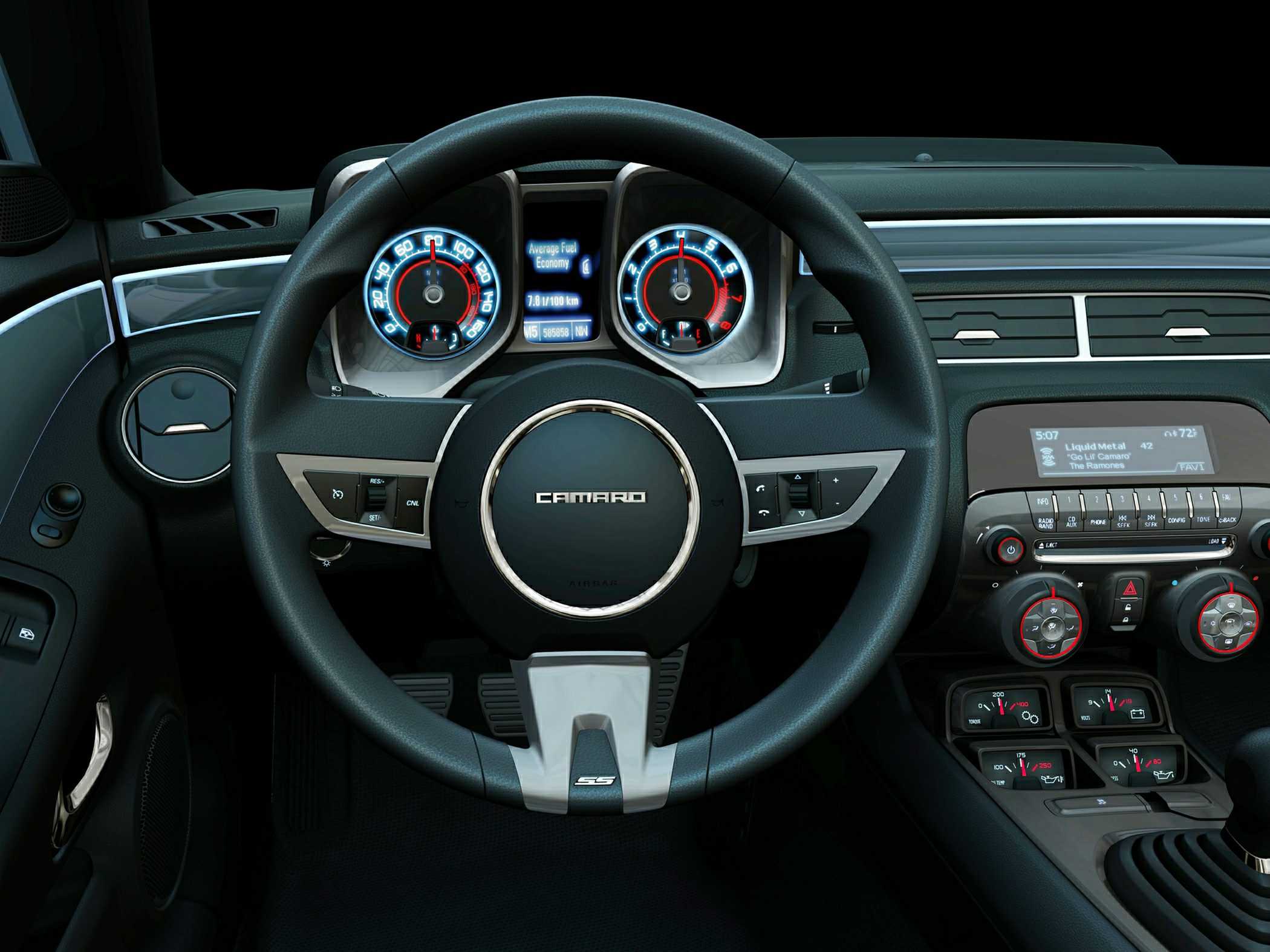 Steering wheel, instrument cluster, and dashboard controls with SS badge