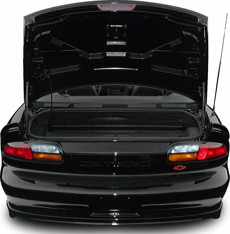 Rear view of a car with open trunk and visible taillights.