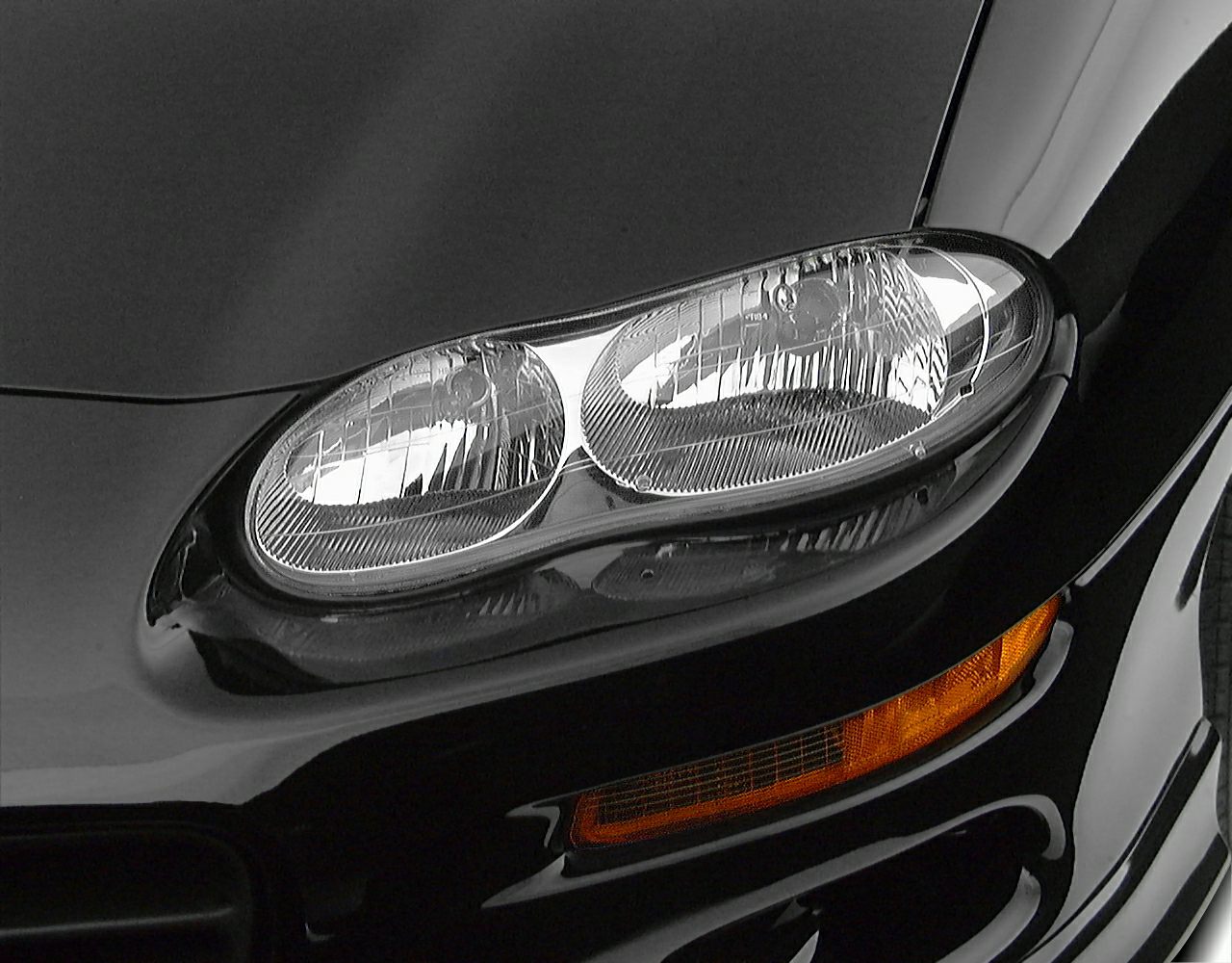 Close-up of oval dual headlights and amber turn signal