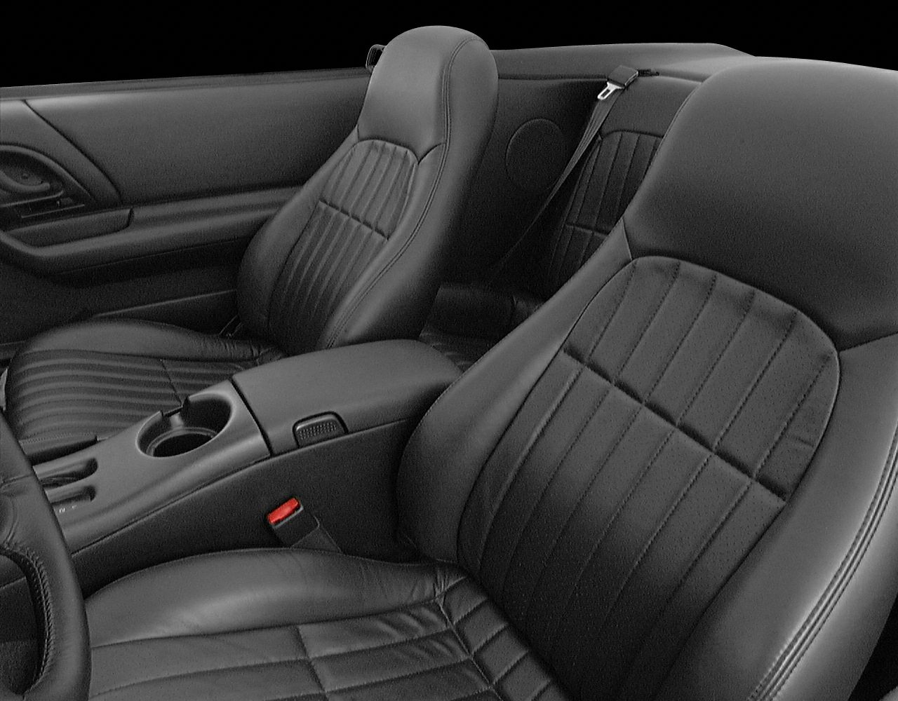 Black leather seats and center console in convertible interior