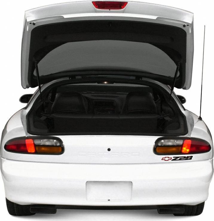Rear view with open trunk, dual exhaust tips, and distinctive taillights