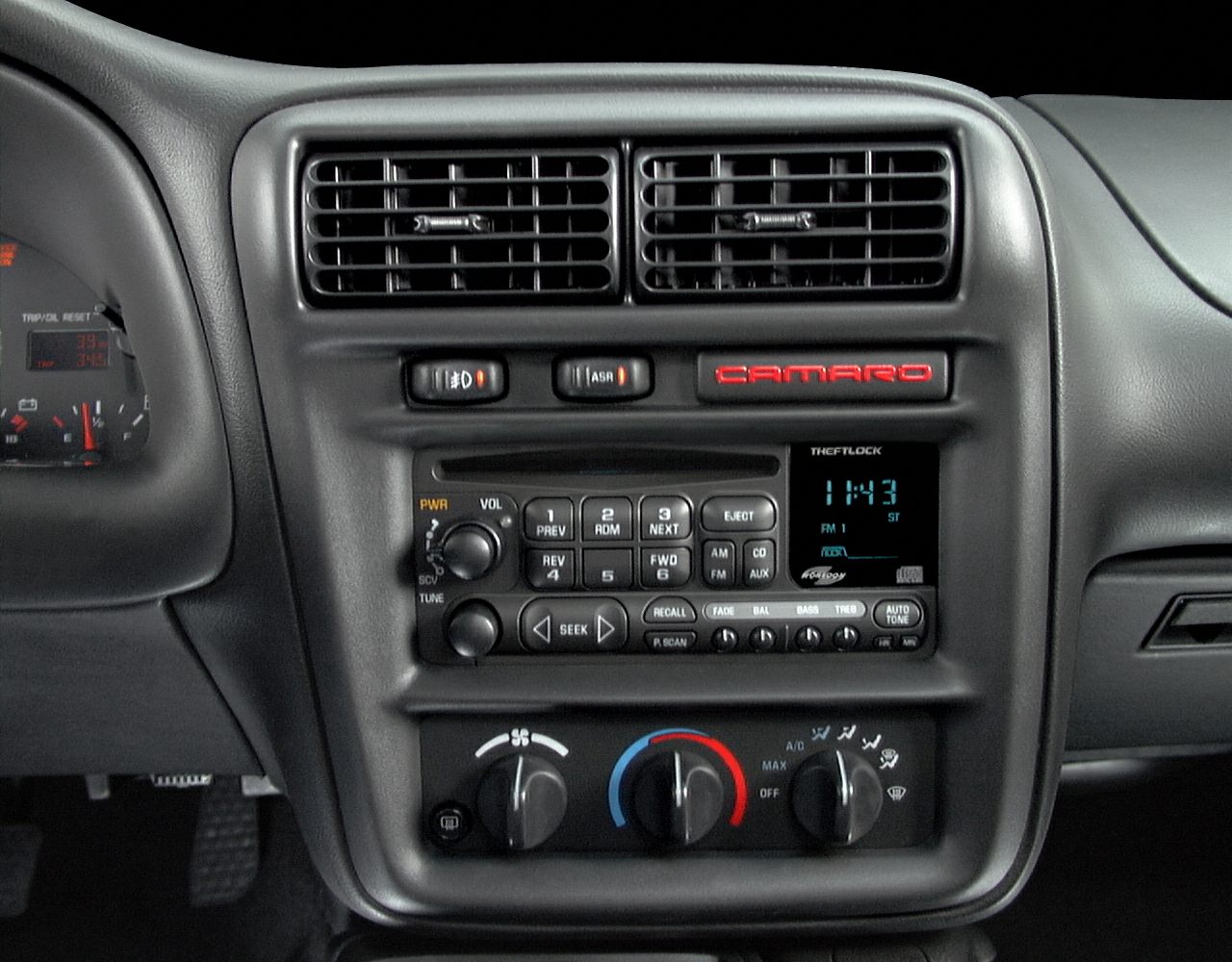 Car dashboard with radio, climate control knobs, air vents, and Camaro branding