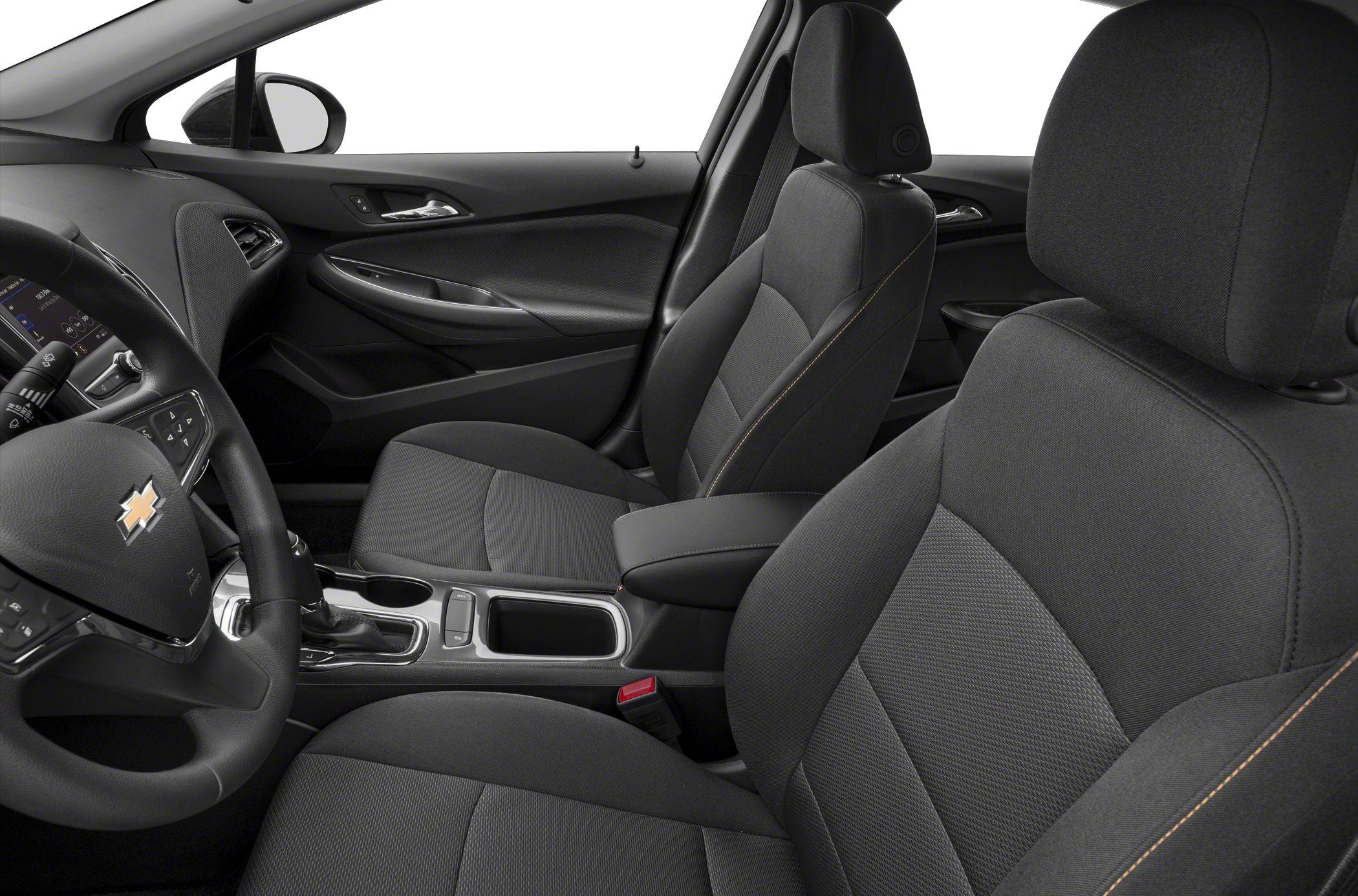 Front fabric seats and dashboard view with steering wheel