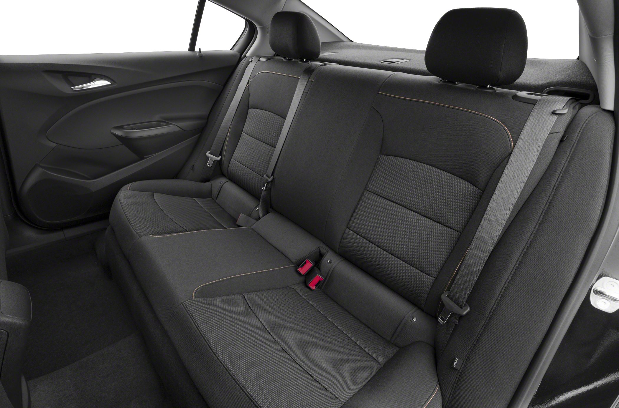 Spacious rear seat with black upholstery and three-point seatbelts.