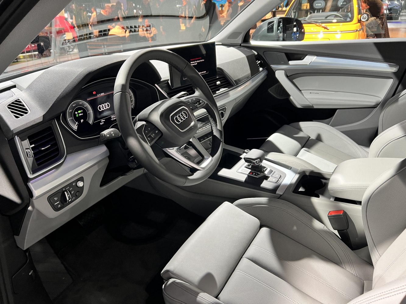 Modern car interior with digital dashboard and steering wheel