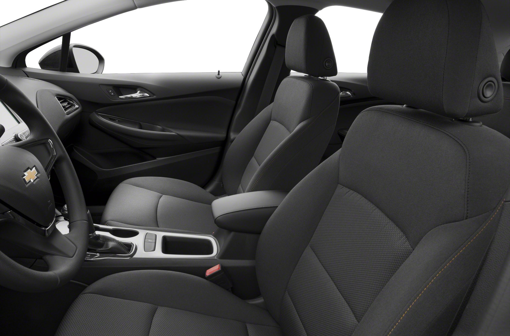 Cloth upholstered seats with modern center console and cabin layout