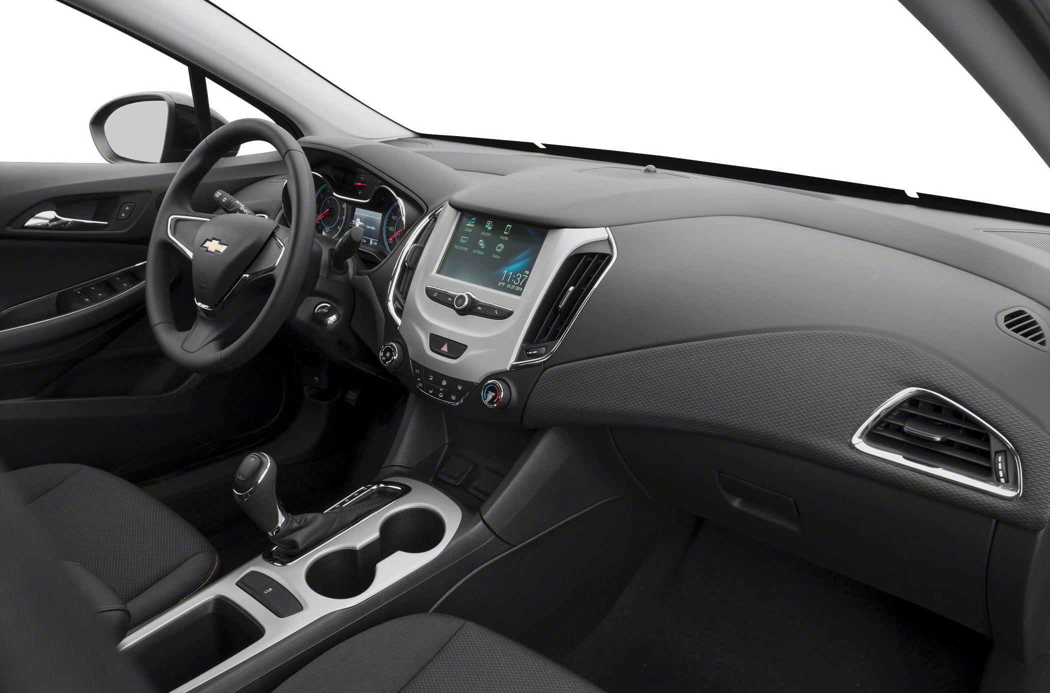 Dashboard, touchscreen center console, steering wheel, gear shifter
