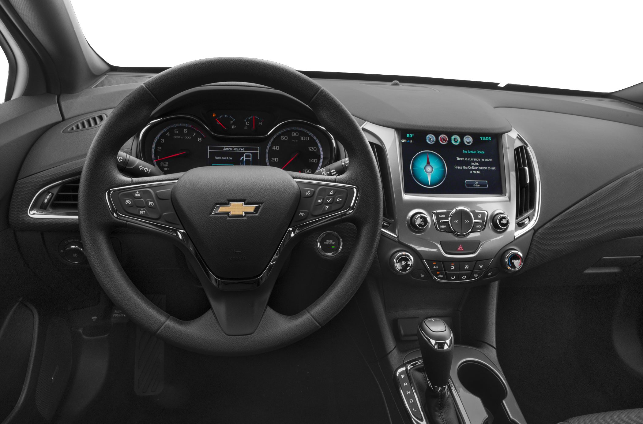 Steering wheel, digital instrument cluster, touchscreen infotainment system, gear shift
