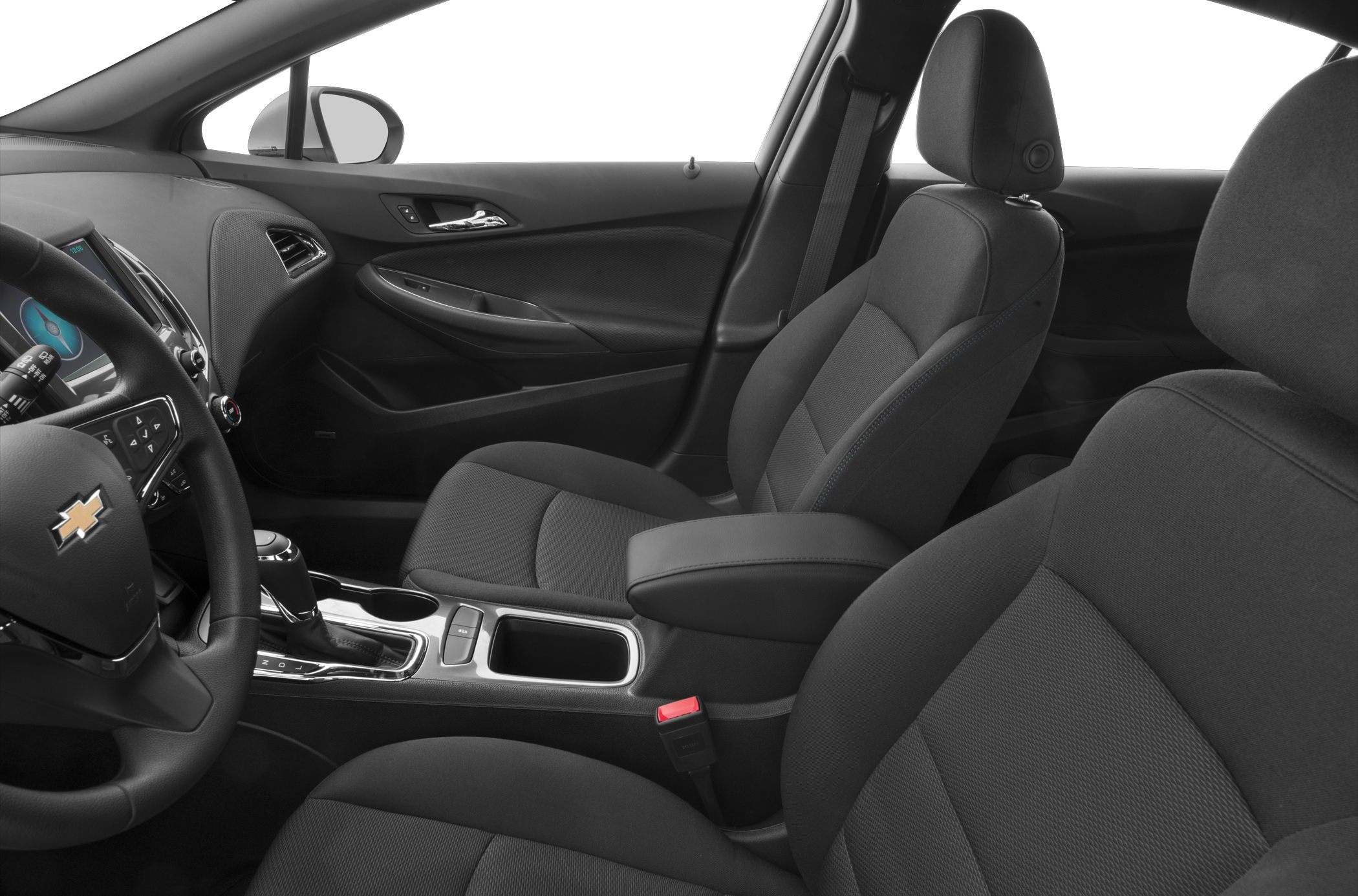 Fabric seats, center console, modern dashboard, steering wheel with control buttons