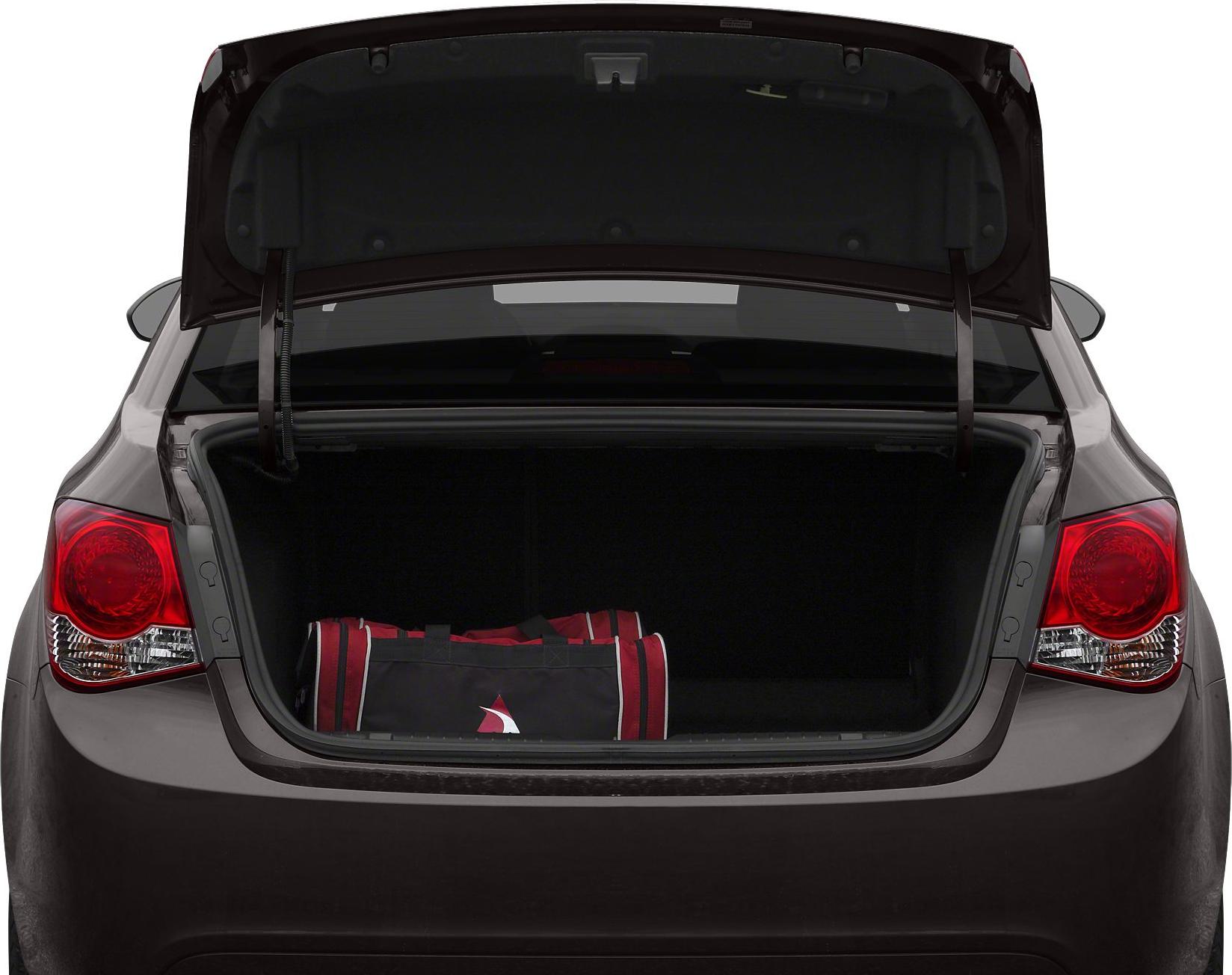 Open trunk with a duffel bag inside in a mid-size sedan rear