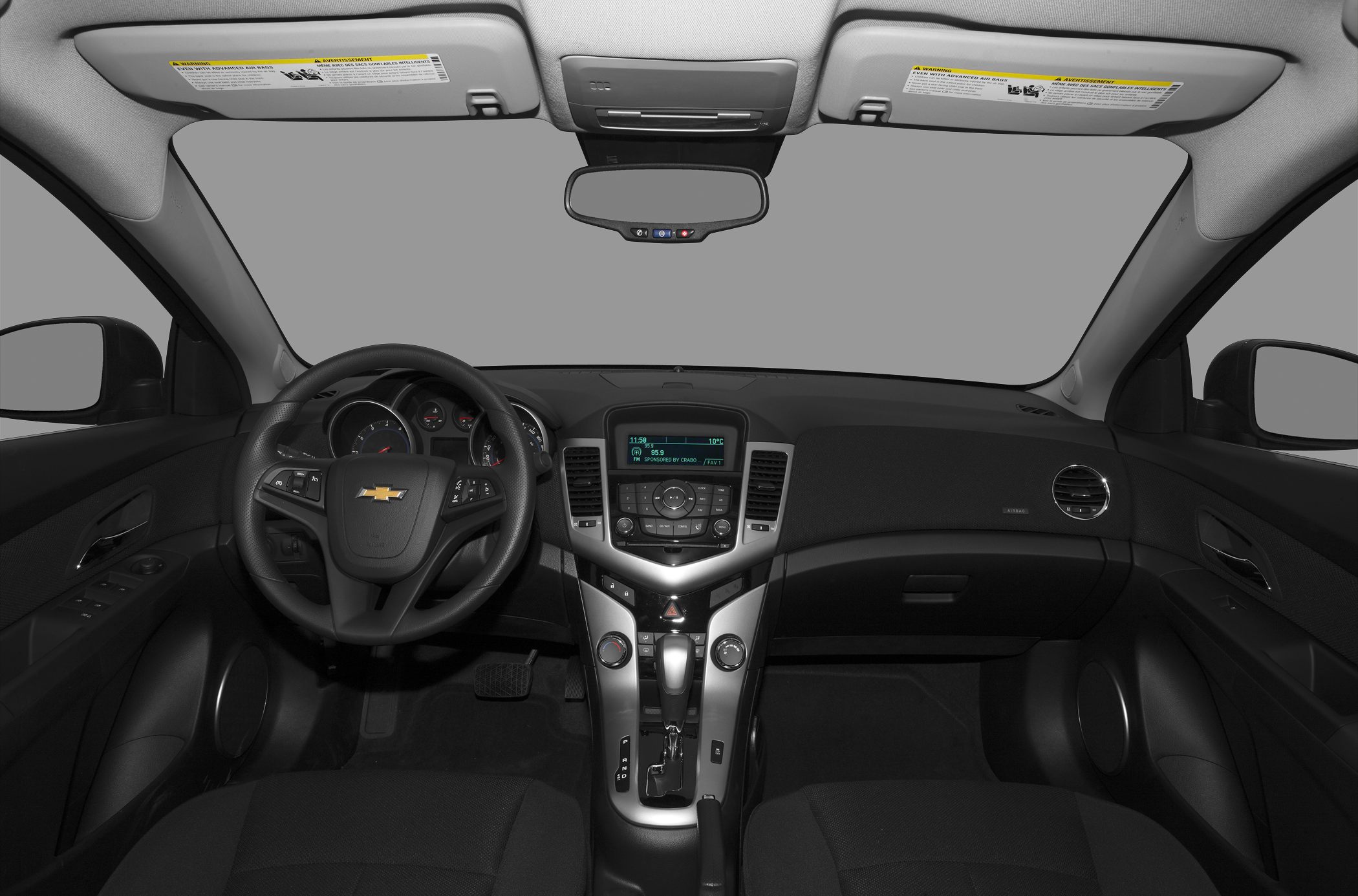 Dashboard, steering wheel, and center console of a vehicle interior