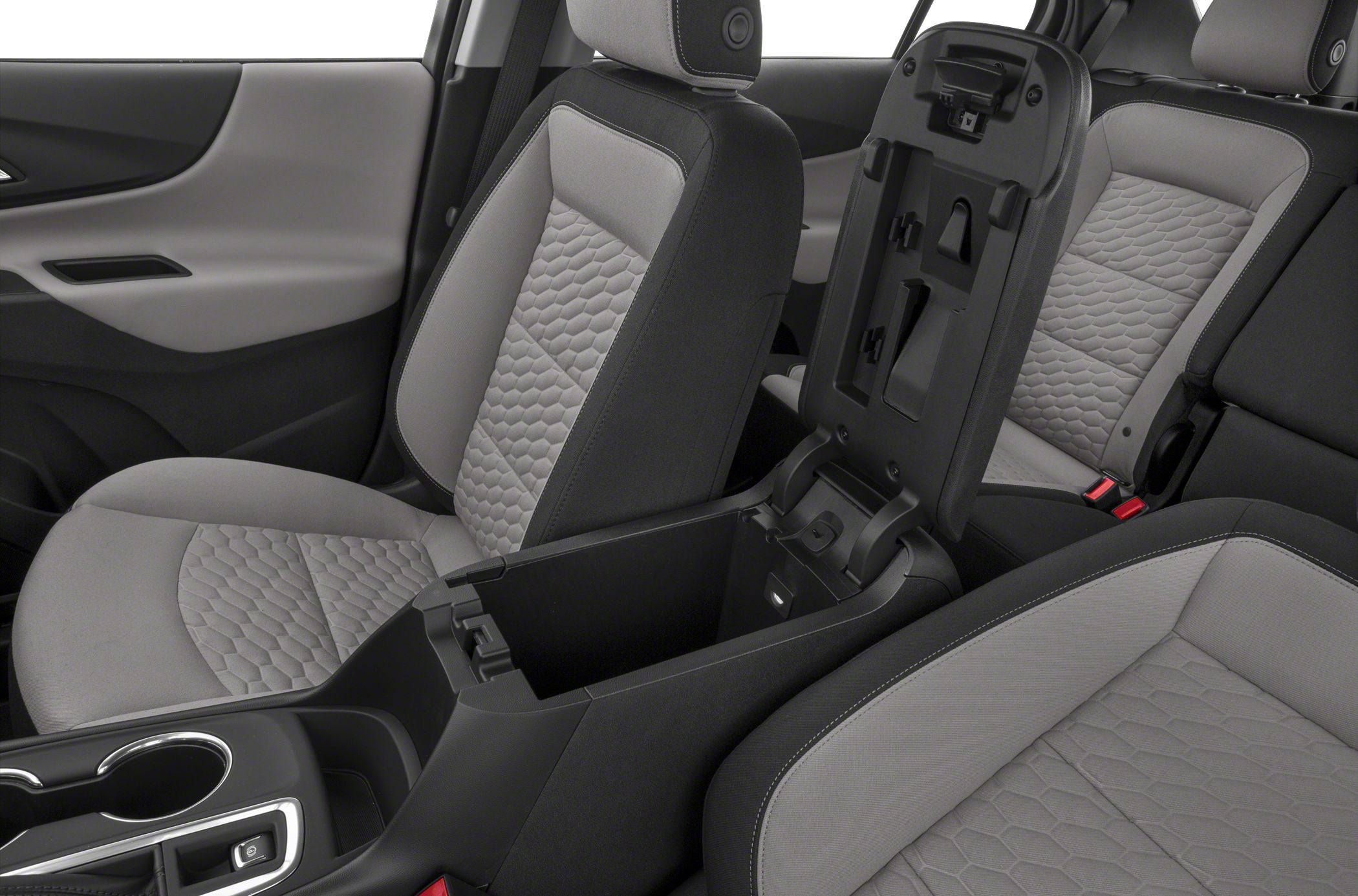 Quilted upholstery seats with open center console storage