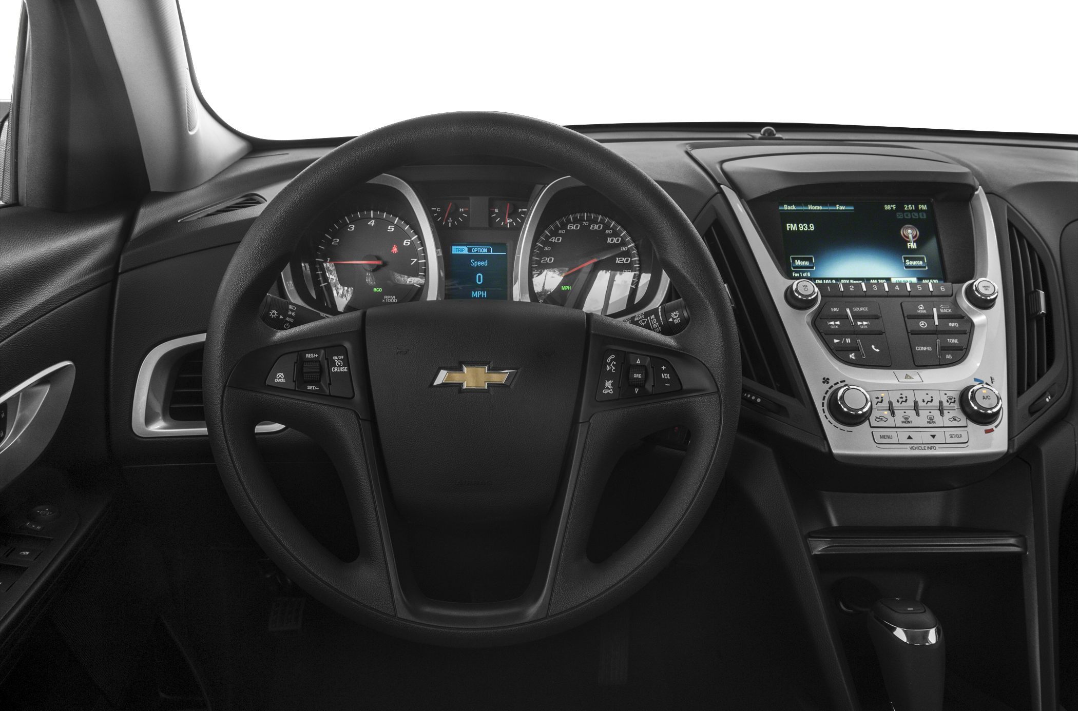 Steering wheel, dashboard instruments, and infotainment system with controls