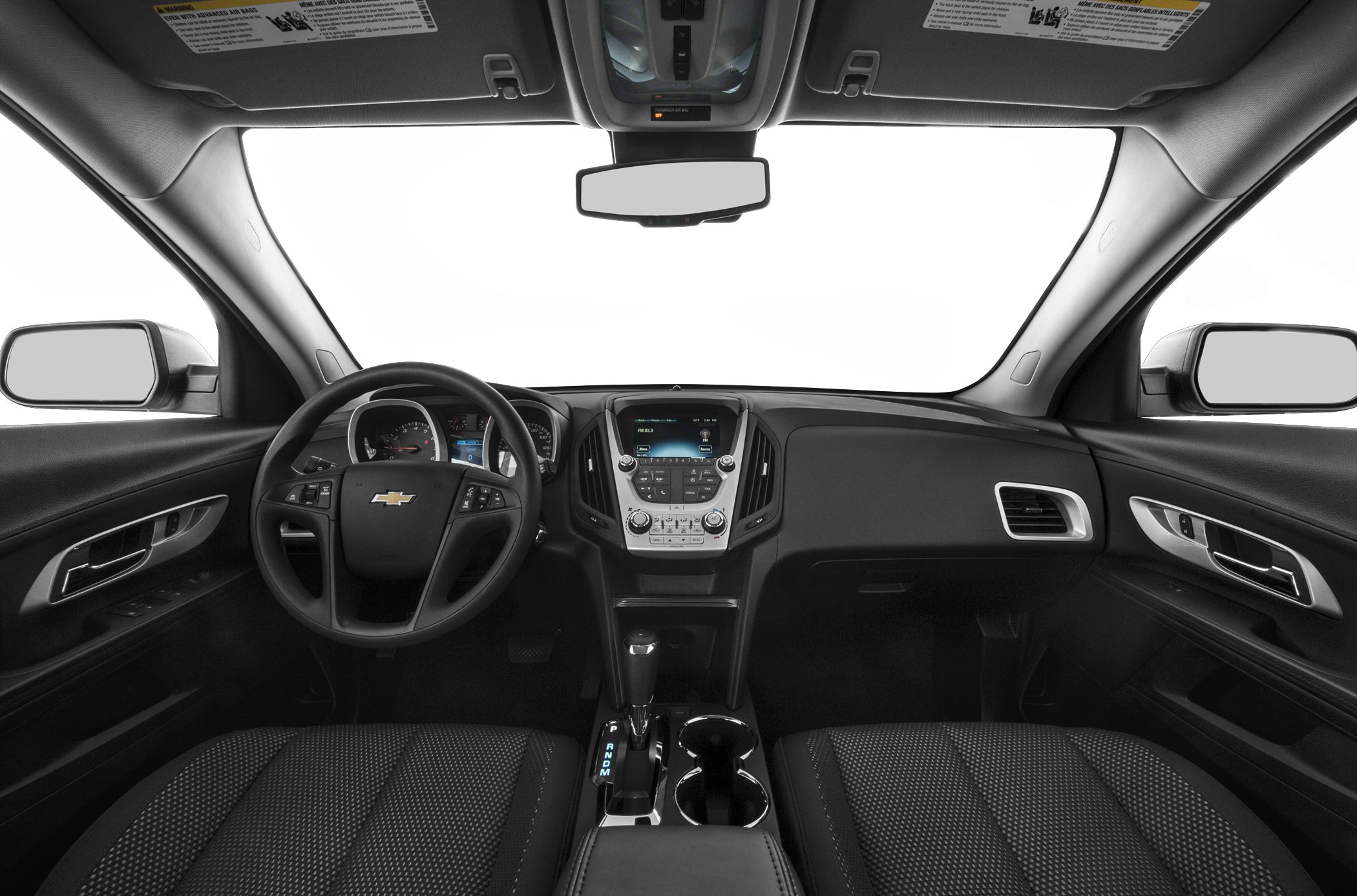 Dashboard and steering wheel with center console and car seats
