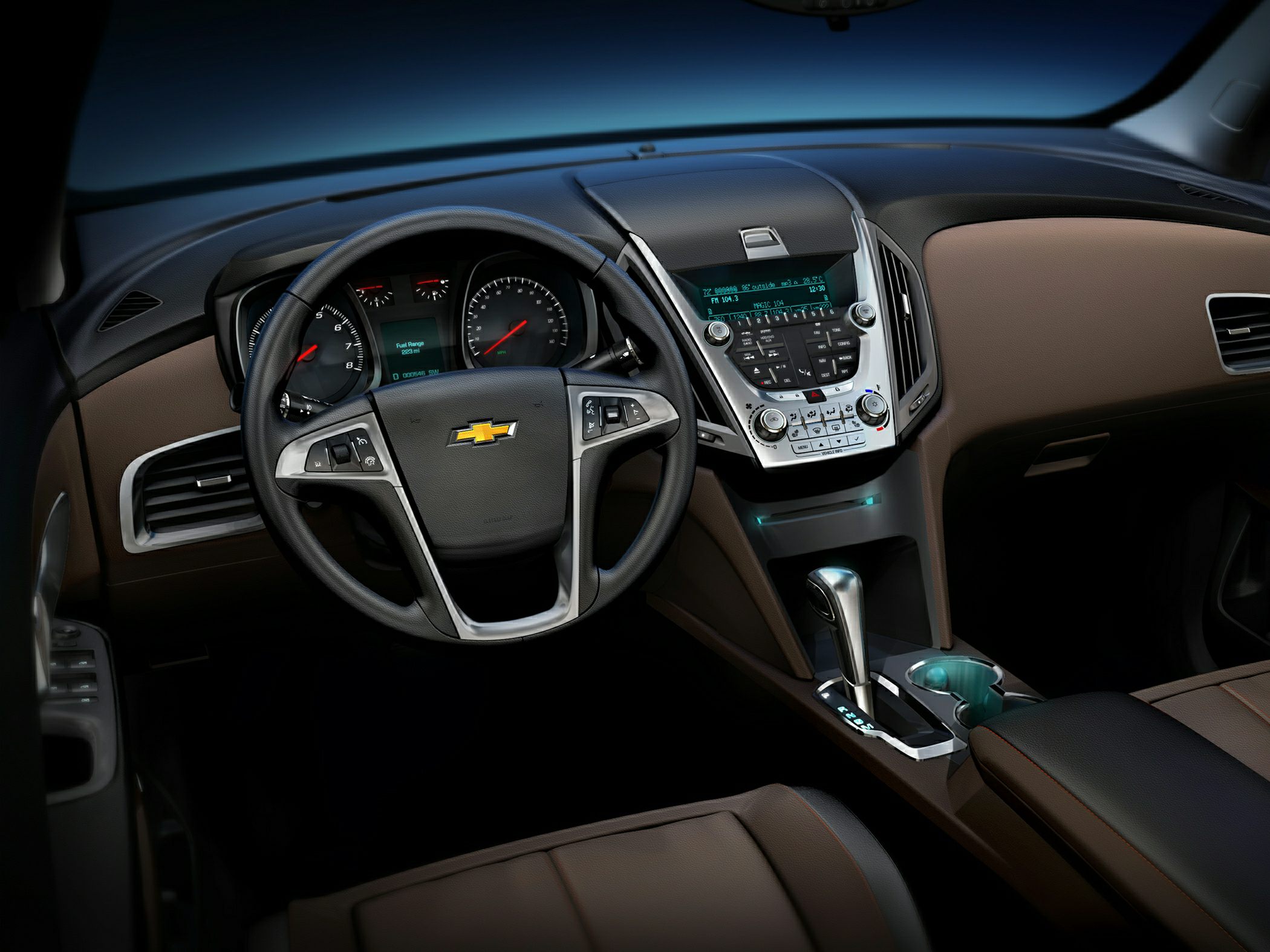 Multi-function steering wheel and center console with dashboard display.