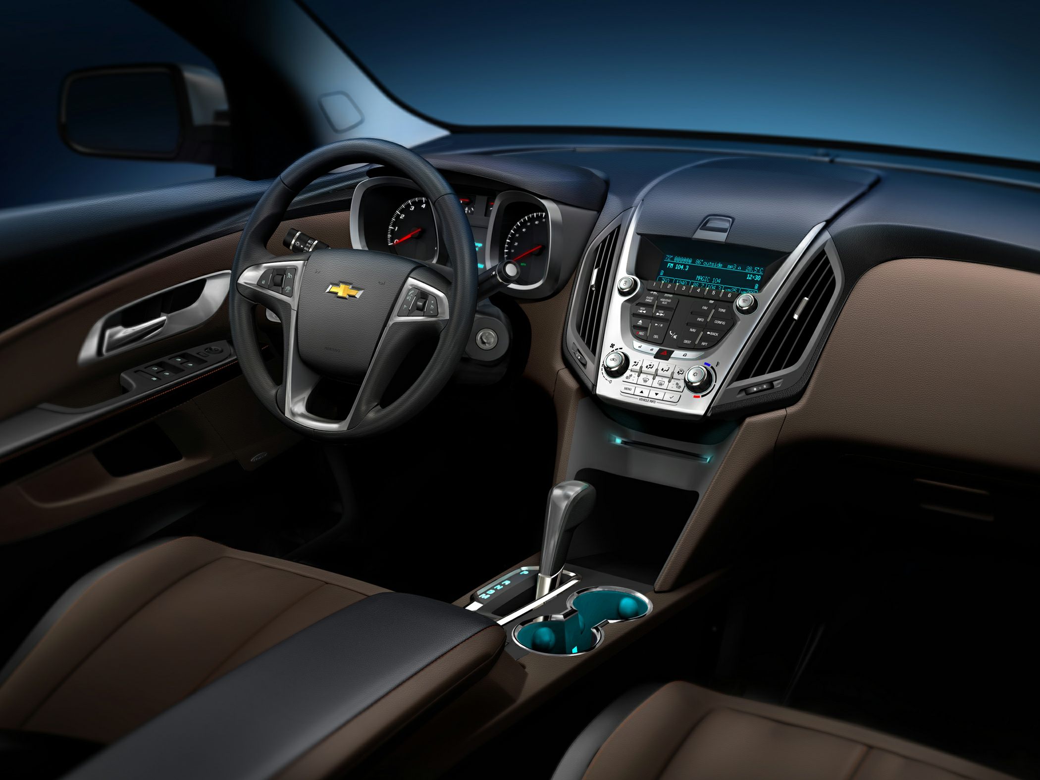 Steering wheel, dashboard, center console with gear shift and controls