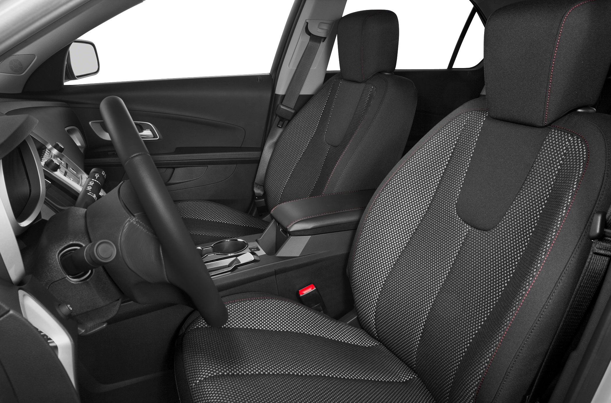 Front seats and steering wheel with patterned fabric upholstery and black interior trim