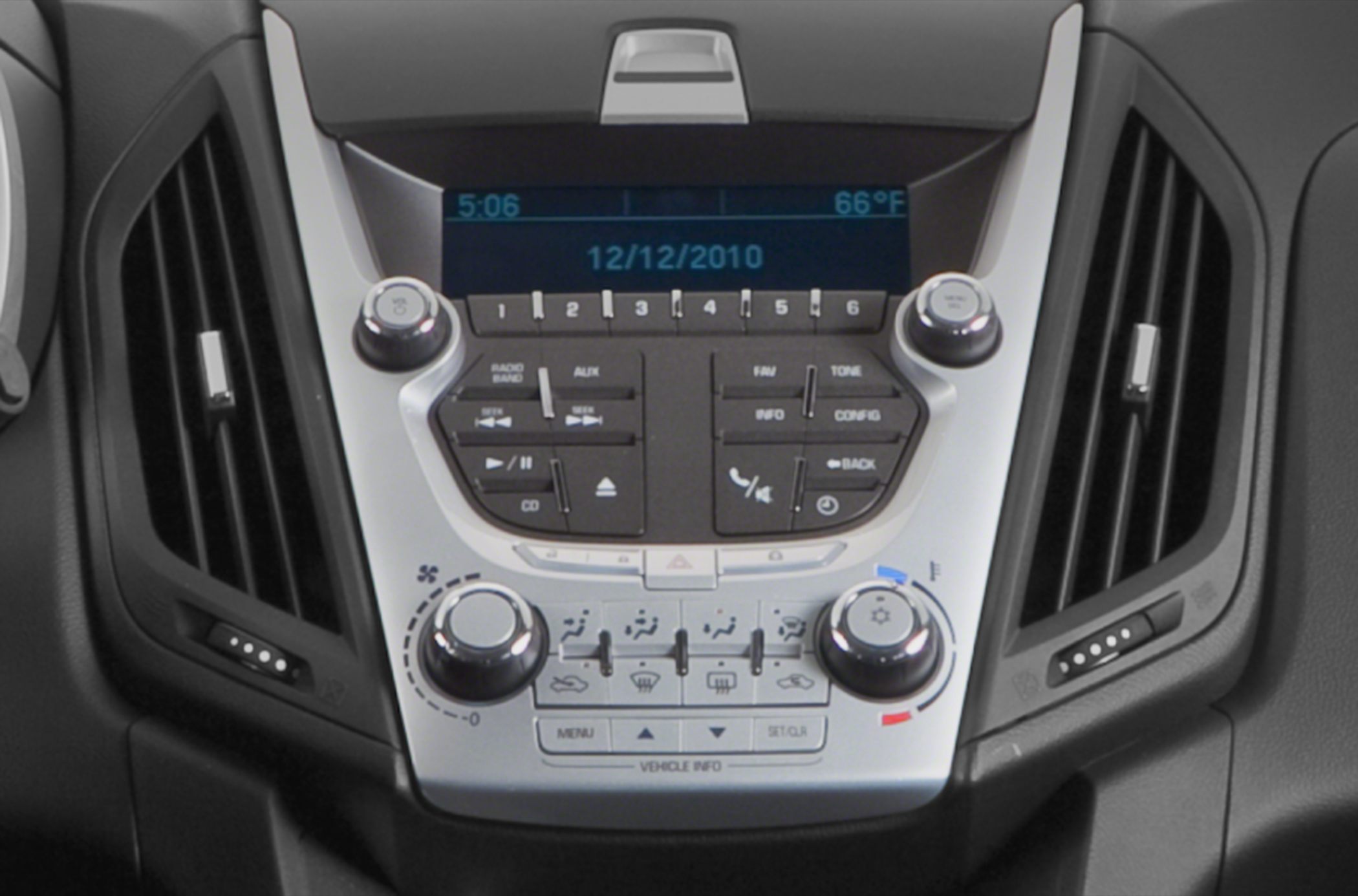 Center console with radio, climate control knobs, and display screen