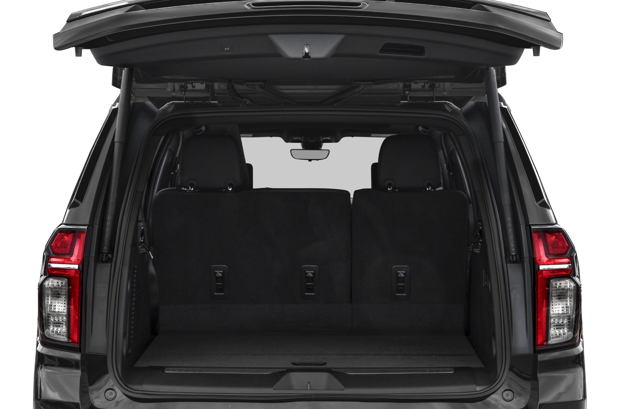 Open rear cargo area with seats in upright position