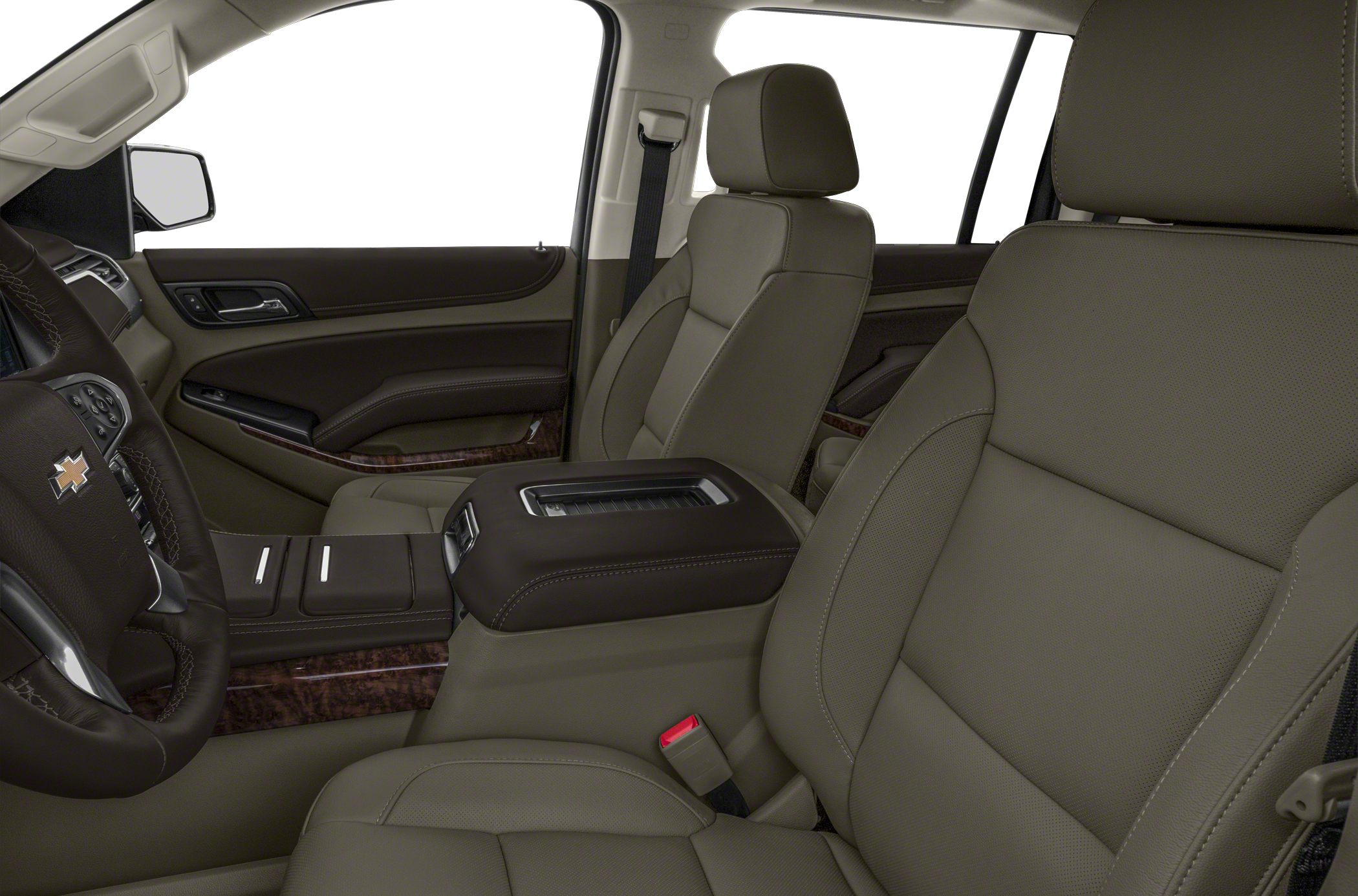 Leather seats and dashboard with wood trim in vehicle front interior.