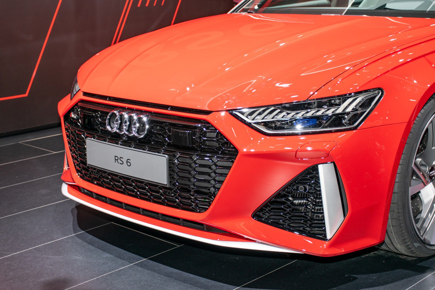 Close-up of aggressive front grille and modern headlights