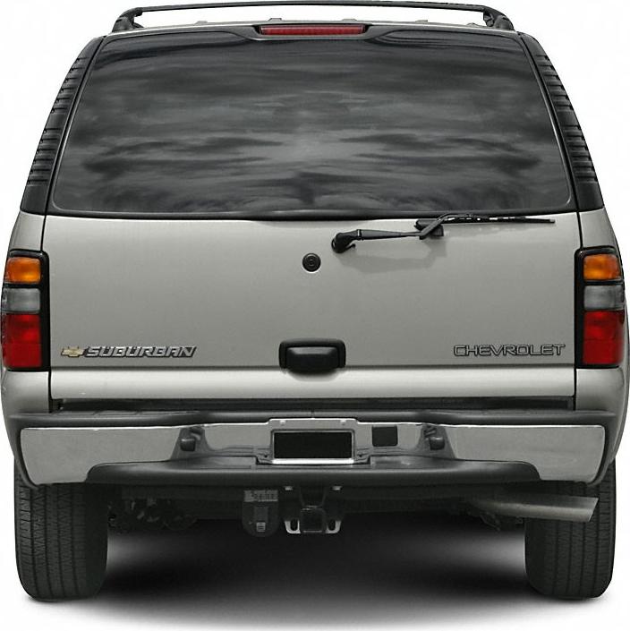 Rear view with tinted window, tailgate, rear wiper, and towing hitch