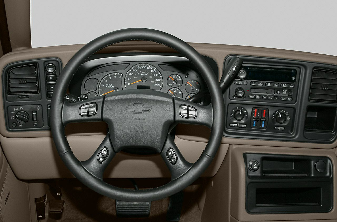 Steering wheel and dashboard with gauges and controls