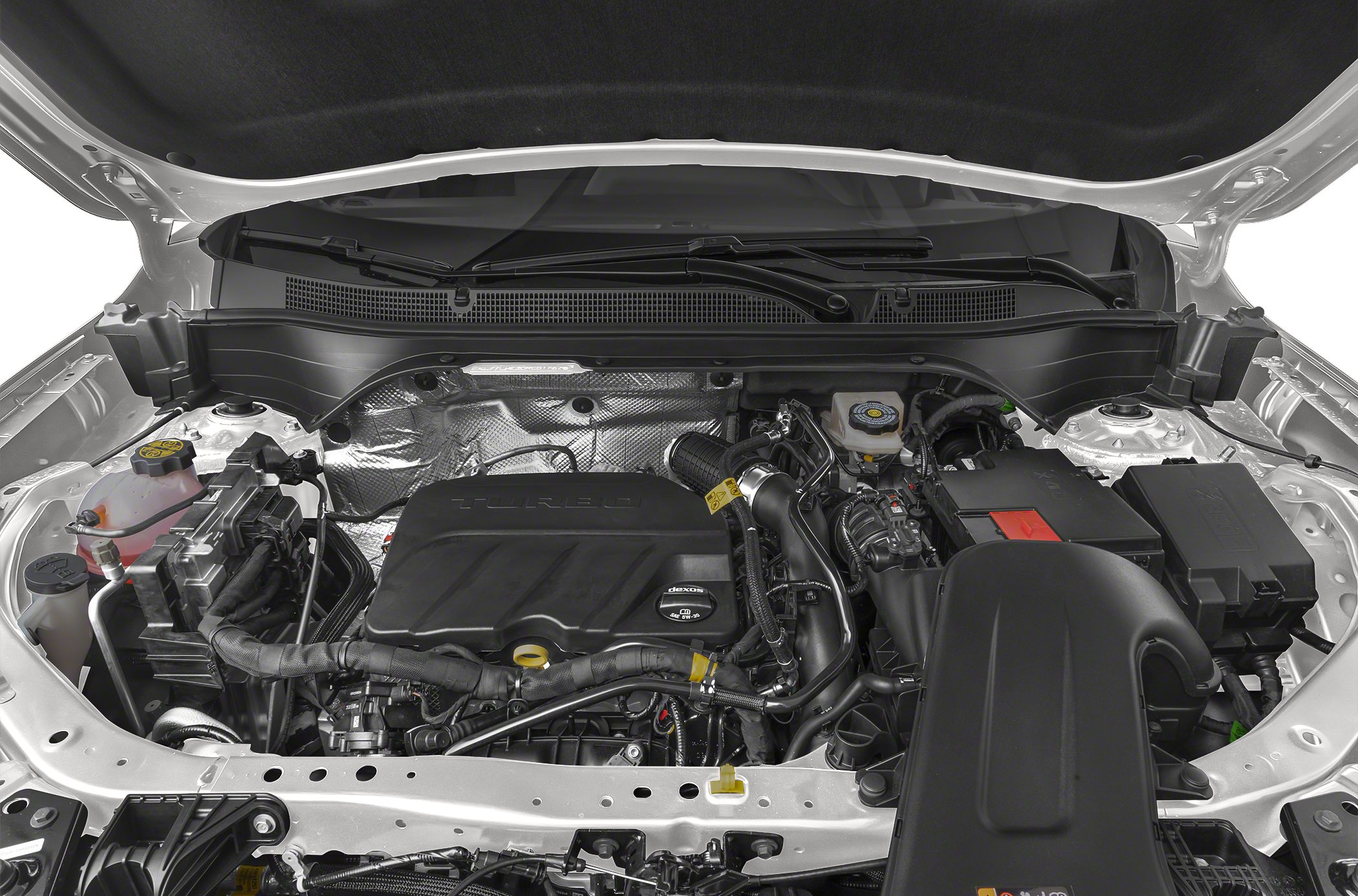 Turbocharged engine compartment with visible components and hoses
