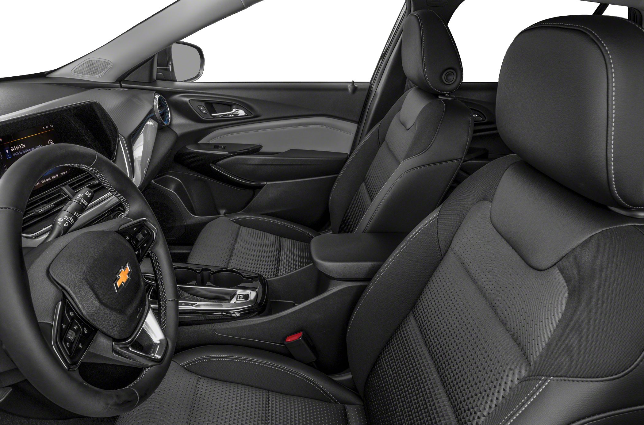 Modern car interior with steering wheel, seats, and dashboard details
