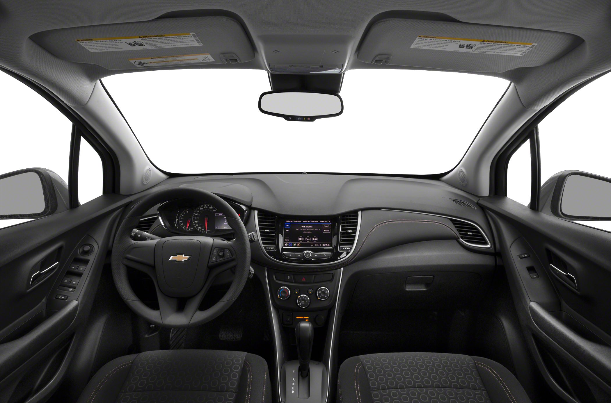 Dashboard, steering wheel, central console, and driver controls interior view