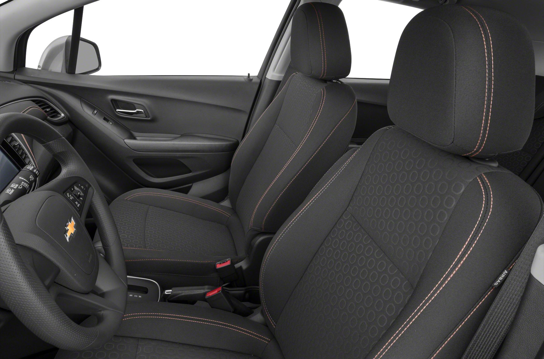 Front seats with patterned upholstery and steering wheel controls