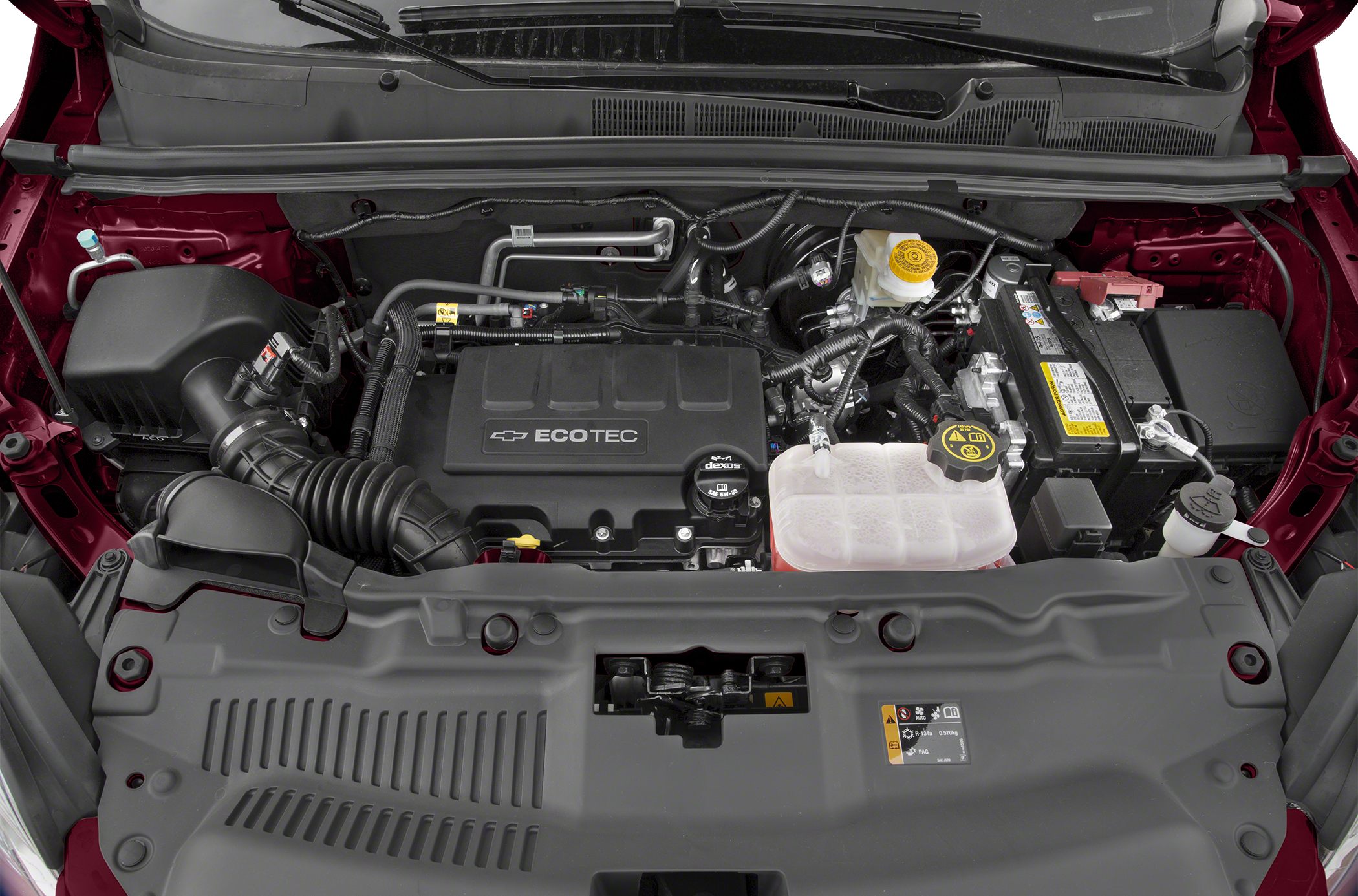 Compact engine bay with Ecotec engine and visible fluid reservoirs